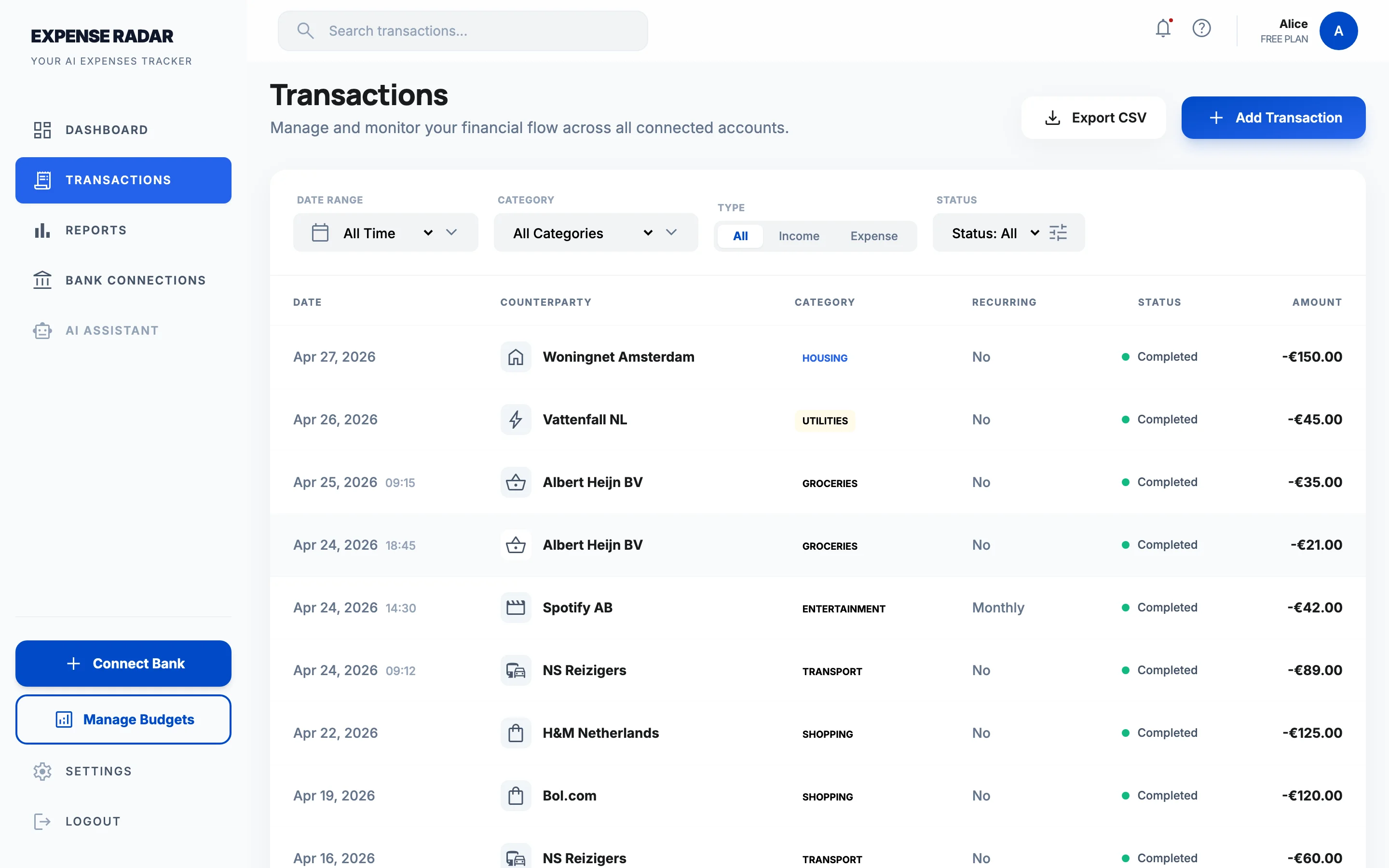 Transactions page: auto-categorised transactions with counterparty names, categories like Housing and Groceries, and running balance.
