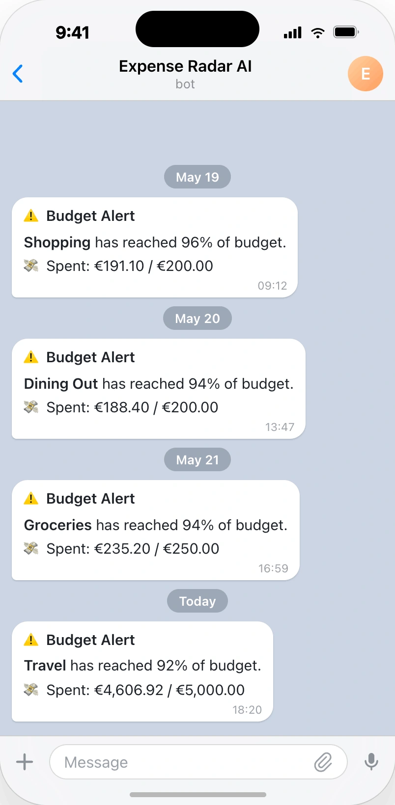 Telegram budget alerts from the Expense Radar AI bot on an iPhone.