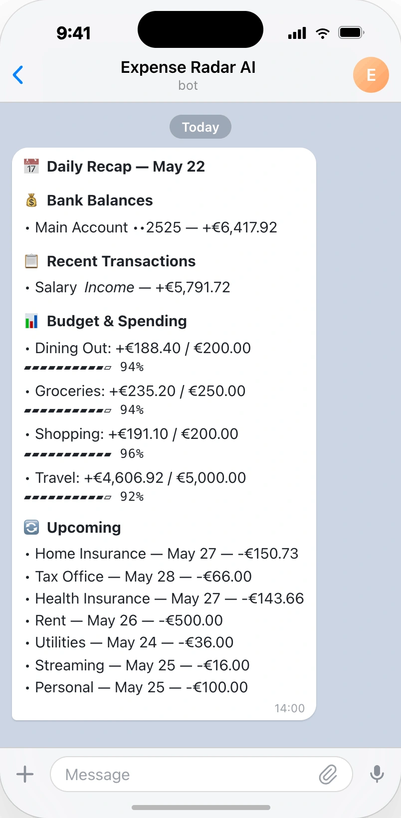 A daily spending recap from the Expense Radar AI bot on an iPhone.